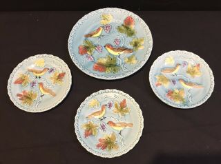 Vintage German Majolica Zell Birds & Grape Leaves Plate Set Rare Find