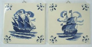 2 Delft Holland Tile Vintage Wall Hanging Ships Blue White Hand Painted