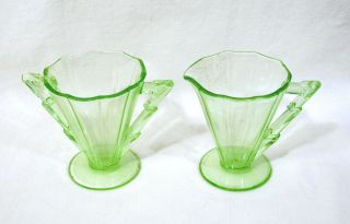 Vintage Cambridge Depression Glass Decagon Green Light Emerald Creamer And Sugar