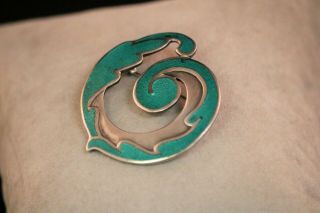 Vintage Margot De Taxco Sterling Silver Green Enamel Spiral Wave Brooch Pin