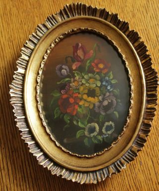 Vintage Florentine Framed Italian Floral Oil Painting 2 Behind Glass - Signed