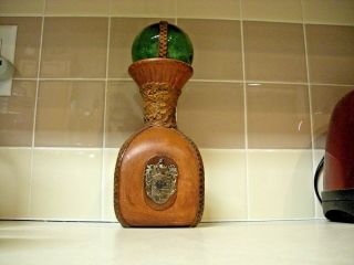 Vintage Leather Wrapped Covered Bottle Decanter Knights Head Made In Italy.