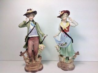 Vintage Pair Dresden Bisque Porcelain Figurines Man Woman Lamb 3517 Lr Germany