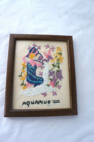Vintage Framed Embroidery: Astrological Sign : " Aquarius "