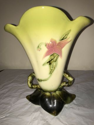 Vintage Hull Pottery Woodland Vase W16 8 1/2 Yellow Green Cream W Pink Flower