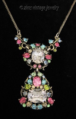 Vintage 1950 Hollycraft Signed Pastel Rhinestone Floral Silver Pendant Necklace