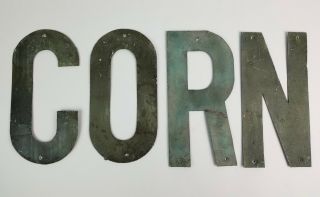 True Vintage Tin Rustic Letters Corn Farm Sign 10 " Green Cracked Paint