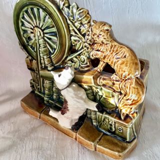 Vintage McCoy Pottery Planter Spinning Wheel with Cat and Dog Scottie 2