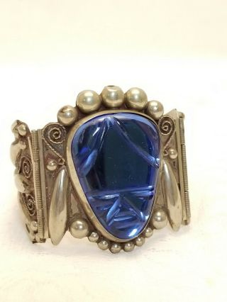 Vintage D.  F.  Hecho Large Wide Hinged Cuff Bangle Bracelet Mexico Blue Glass Face