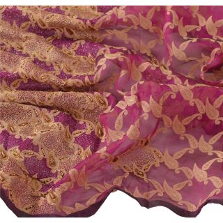 Sanskriti Vintage Dupatta Long Stole Organza Purple Hand Beaded Woven Scarves 5