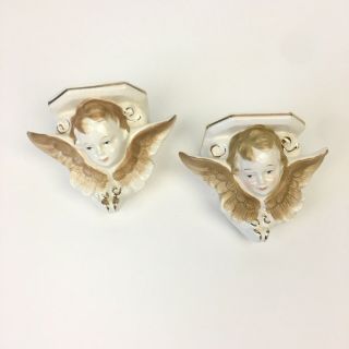 Small Vtg Cherub Angel Porcelain Wall Hanging W Tiny Shelf Gold Accents Set Of 2