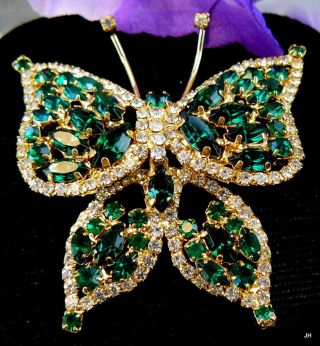 Gorgeous Vtg Emerald Green Glass Marquis Navette Rhinestone Butterfly Pin Brooch