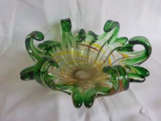 Vintage Murano Art Glass 9 " Bowl Emerald Green W/multi Color Swirls