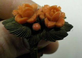 Vintage Carved Coral Bakelite & Brass Floral Adjustable Ring