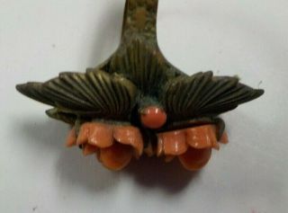 Vintage Carved Coral Bakelite & Brass Floral Adjustable Ring 3