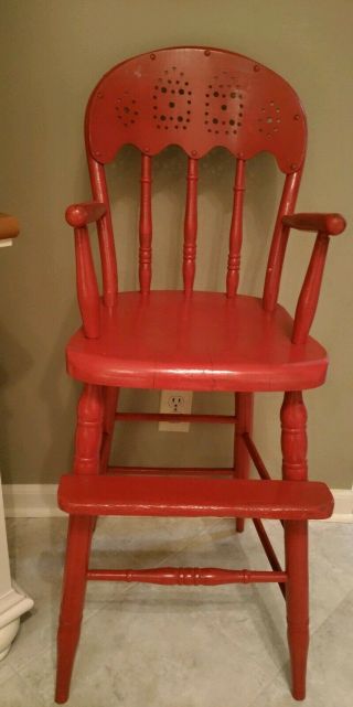 Vintage Red Wood Youth High Chair With Tray & Foot Rest 36 " Tall