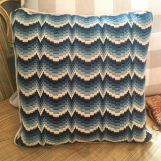 Vtg Needlepoint Pillow Geometric Chevron Wool Design Flame Stitch Shades Of Blue