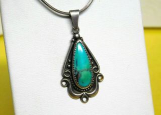 Vintage Signed Navajo Sterling Silver Turquoise Pendant Necklace 18 "