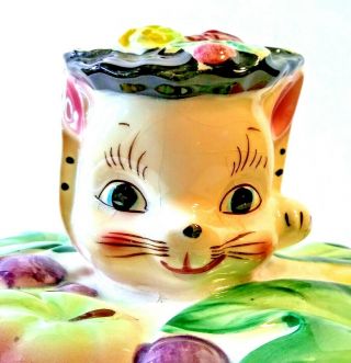 Oval Basket Weave Vintage Cookie Jar Cat Peeking Through Fruit On Top