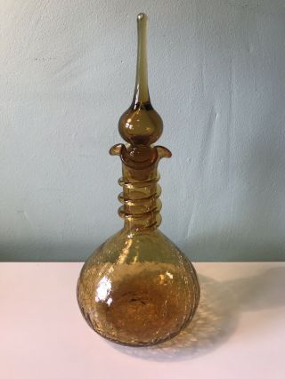 Vintage Blenko Amber Wheat Crackle Glass Decanter With Stopper & Applied Coil