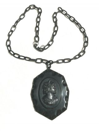 Vintage Jet - Black Cameo Necklace Plastic?celluloid? Ornate Fancy Octagon Shape