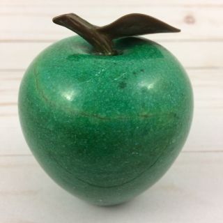 Vintage Green Stone Granite Apple With Brass Stem & Leaf Paperweight