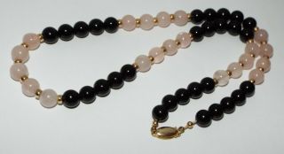 Vintage 14k Gold Rose Quartz Onyx Bead Necklace 38 Grams Gemstone