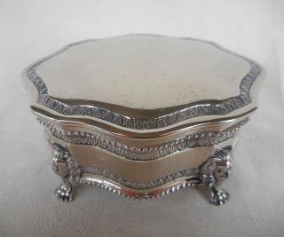 Vintage Silver Plated Trinket Box With Ornane Lion Feet - Velvet Lined Inside
