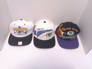3 Vintage Green Bay Packers 1996/1997 Hats (bowl & Nfc Champions)