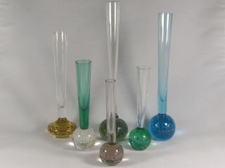 6x Vintage Collectable Bubble Based Glass Bud Vases