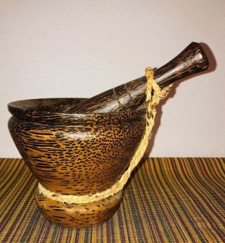 Vintage Very Unique Wood With Rope 4 " Mortar And 6 " Pestle