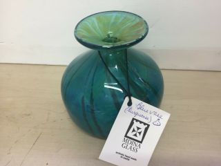 Vintage Mdina Squat Vase Art Glass Green / Yellow / Turquoise Vase Signed 2c
