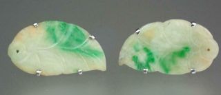 Antique Chinese 19th C.  Sterling Silver Jadeite Jade Leaf Form Post Earrings