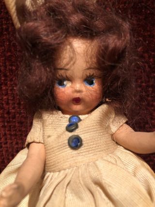 Lovely Vtg Composition Doll Painted Blue Eyes Dress Bonnet 5.  5 " Antique Doll