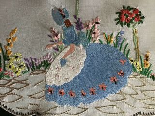 Gorgeous Vintage Linen Hand Embroidered Set X3 Mats Crinoline Lady/florals