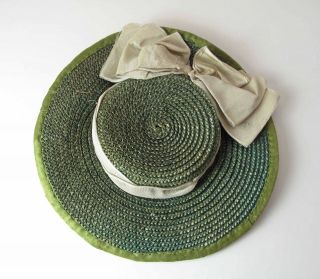 Green Straw And Silk Trimmed Antique Dolls Hat