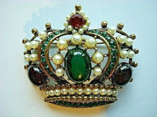 Vintage Weiss Red & Green Cabochon,  Emerald,  Rhinestone,  Faux Pearl Crown Brooch