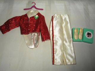 Vintage Barbie Ken Hm Red Sparkle Jacket With Tails Ivory Satin Lapels Slacks,