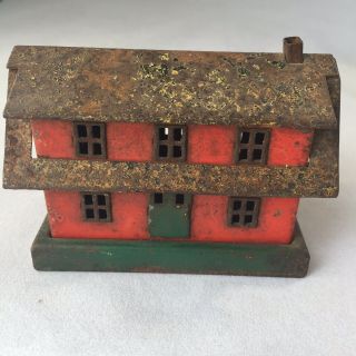 Vintage Antique Cast Iron Metal Red Paint House Bank Thrifty Coin (?)