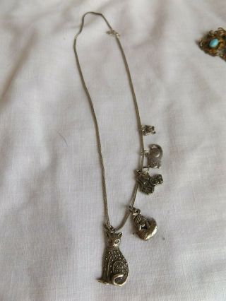 Vintage Sterling Silver Necklace With 5 Sterling Cat Charms / Pendants, .