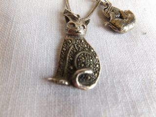 Vintage Sterling Silver Necklace WIth 5 Sterling Cat Charms / Pendants, . 2
