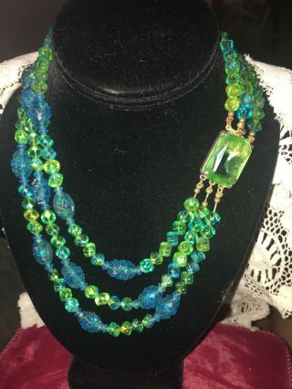 Vintage 50’s Blue & Green Glass Carved & Chunky Bead Multi 3 Strand Necklace
