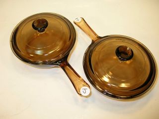 2 Vtg Corning Ware Vision 0.  5l Saucepan Cookware Amber Glass W/ Lids P81c