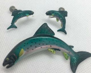 Vtg Enameled Trout Fish Brooch & Earring Demi Jewelry