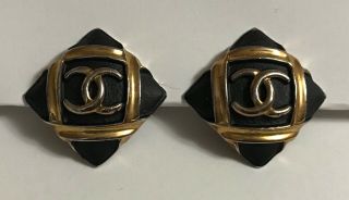 Authentic Rare Vintage Chanel Cc Logo Gold Tone Black Rhombus Clip On Earrings