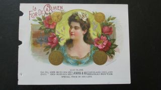 Vintage La Flor De Carmen Inner Cigar Label Salesman Sample