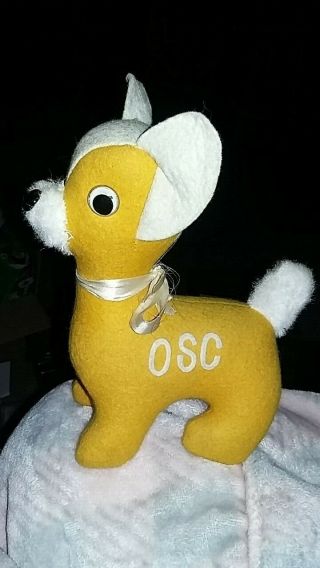 Vintage Oregon State College Stuffed Yellow White Dog Felt Ears Body Google Eyes