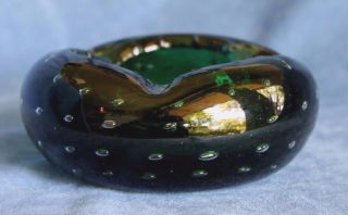 Big Vintage Mid Century Italian Murano Bullicante Green Glass Ashtray Bowl Italy