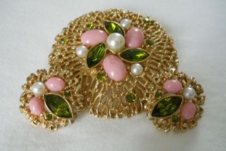 Vintage Sarah Coventry " Fashion Splendor " Brooch & Earrings Rhinestones,  Pearls
