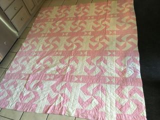 72x83 Antique Handmade Quilt Bedspread Twin Pink & White Swirl